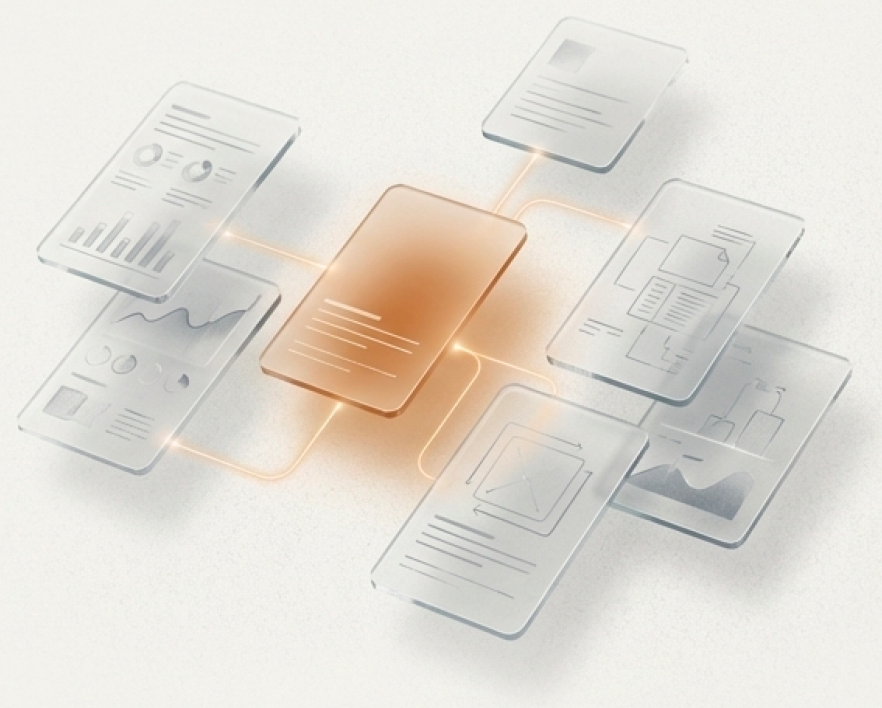 Playbooks concept illustration showing connected document cards with data visualizations flowing into a central hub